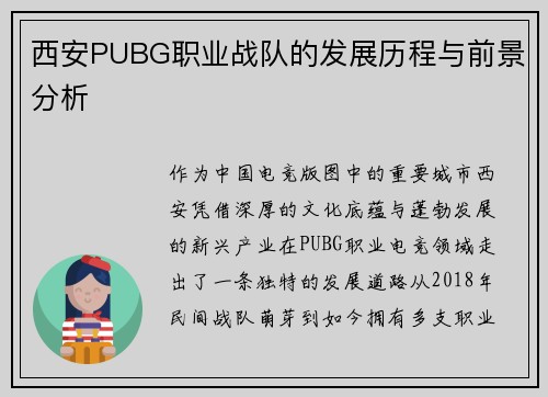 西安PUBG职业战队的发展历程与前景分析